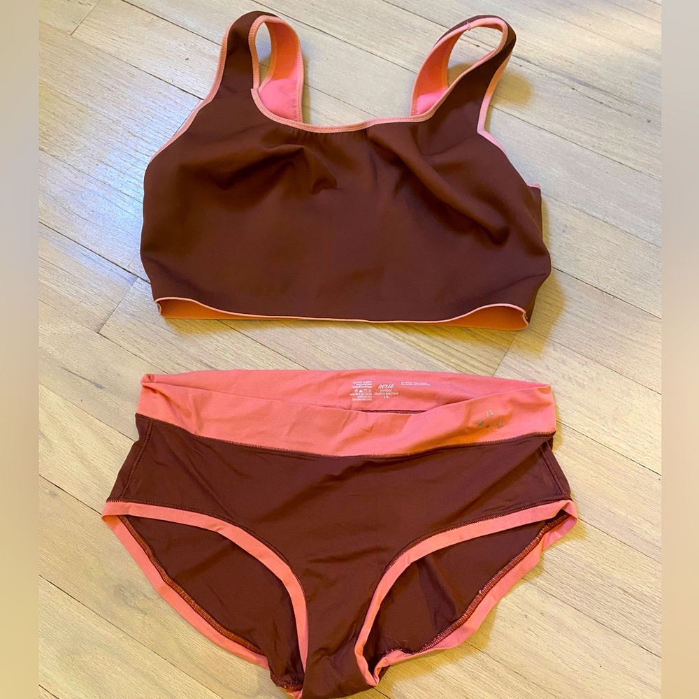 Aerie bralette and undies set — pink and brown